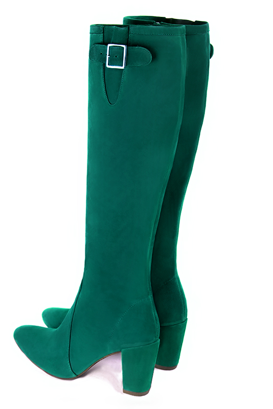 Emerald green women's knee-high boots with buckles. Round toe. High block heels. Made to measure. Rear view - Florence KOOIJMAN